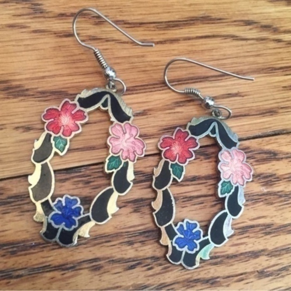 Vintage Cloisonné Black Oval Wreath Floral Dangle Earrings With Hooks